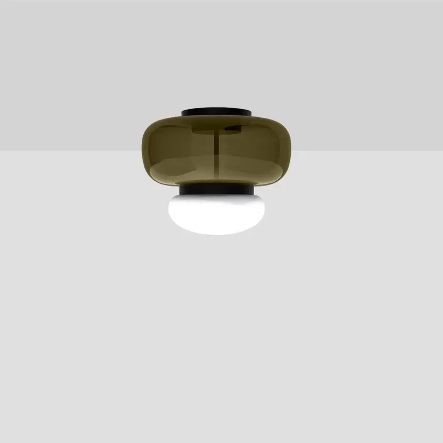 Architectural Vistosi Faro ceiling lamp crafted in Italy with hand-blown olive-green and glossy white glass unified by matte black metal
