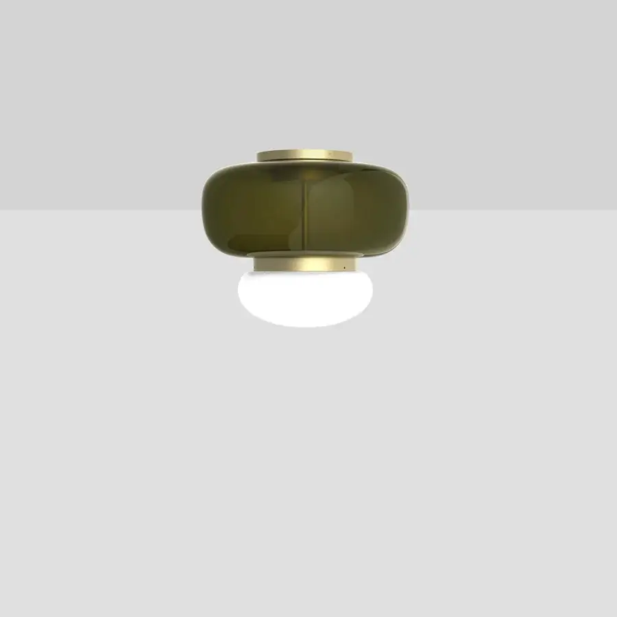 Superior Vistosi Faro ceiling lamp handcrafted in Italy with translucent olive-green glass and glossy white shade unified by satin gold metal
