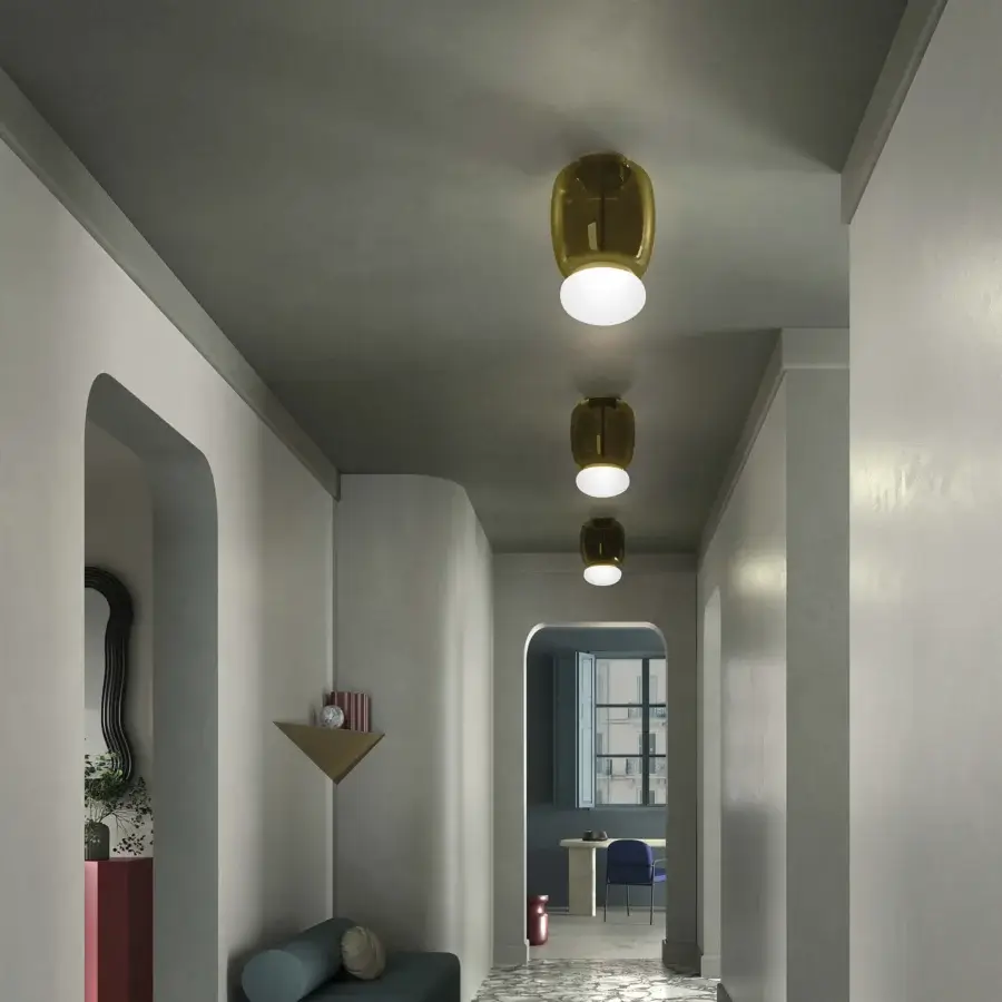 Exceptional Vistosi Faro ceiling lamp handcrafted in Italy with hand-blown glass and satin brass-toned metal