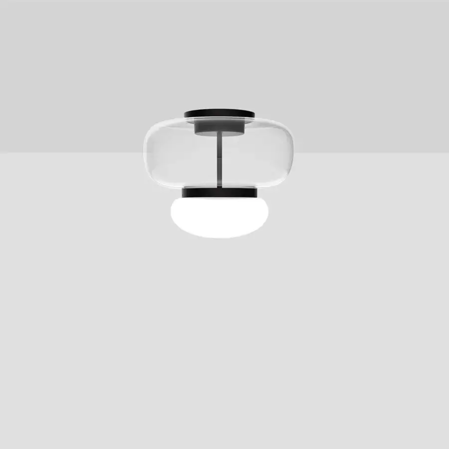 Elegant Vistosi Faro ceiling lamp crafted in glossy black metal with hand-blown translucent white and colored glass elements