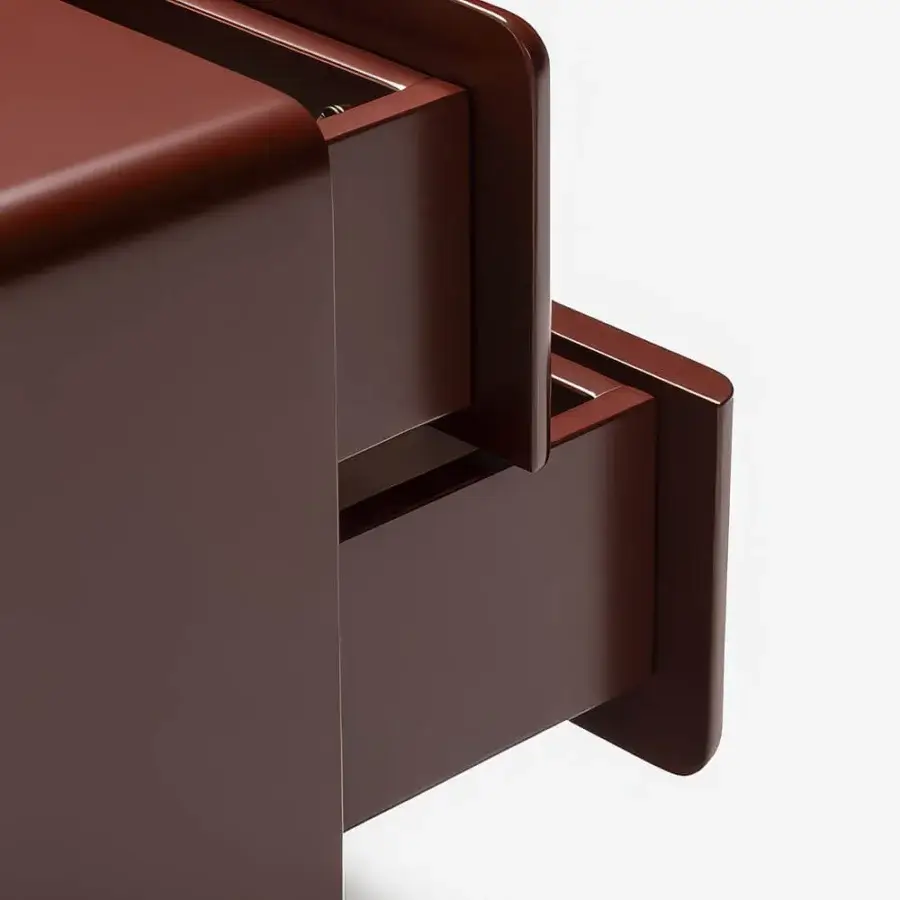 Exceptional Carpanese Home Brick NL nightstand crafted in wood with a silky reddish-brown finish and two functional drawers