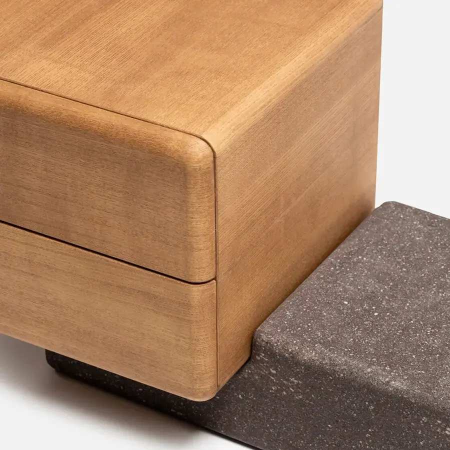 Distinguished Carpanese Home Brick NL nightstand with a silky wood finish and lacquered base in warm brown tones, exhibiting a minimalist aesthetic