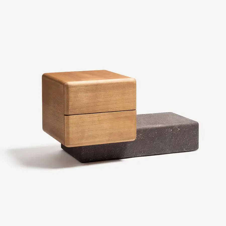 Exceptional Carpanese Home Brick NL nightstand crafted with warm wood and a dark gray lacquered base exhibiting a silky finish