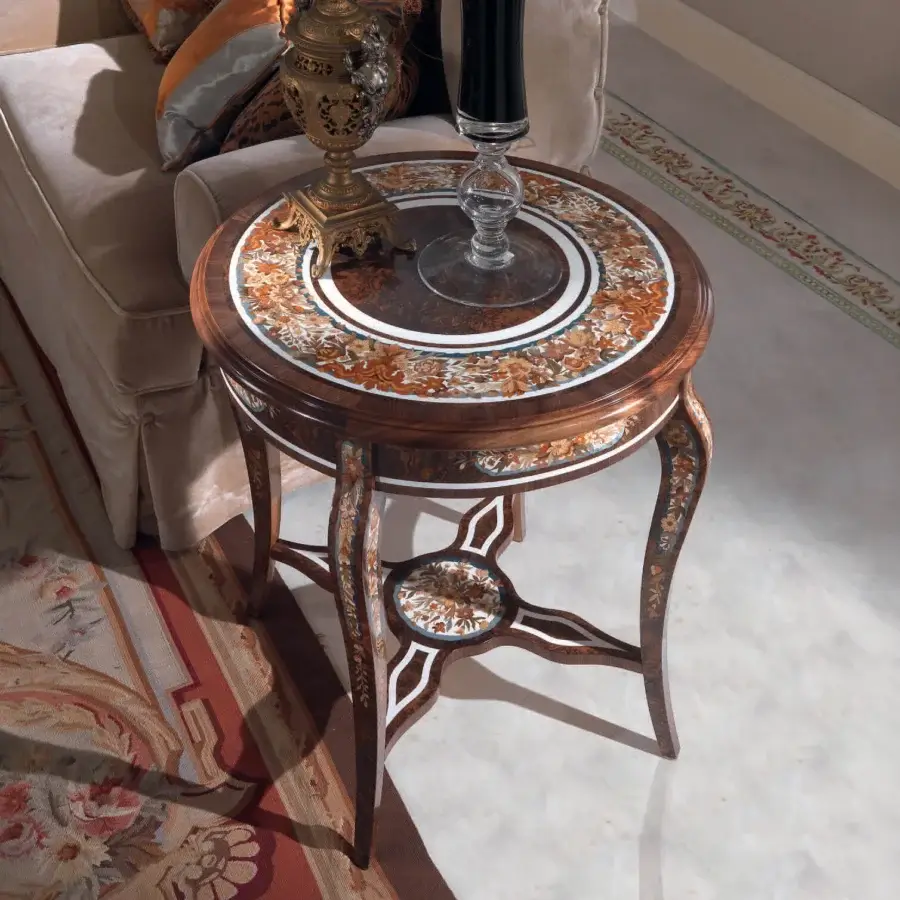 Distinguished Armando Rho A1185 side table crafted in walnut Persian burl wood with intricate marquetry and glossy sheen
