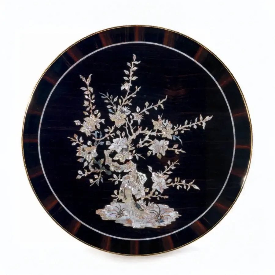 Lavish Armando Rho A1161 side table handcrafted in ebony solids with luminous mother of pearl inlays