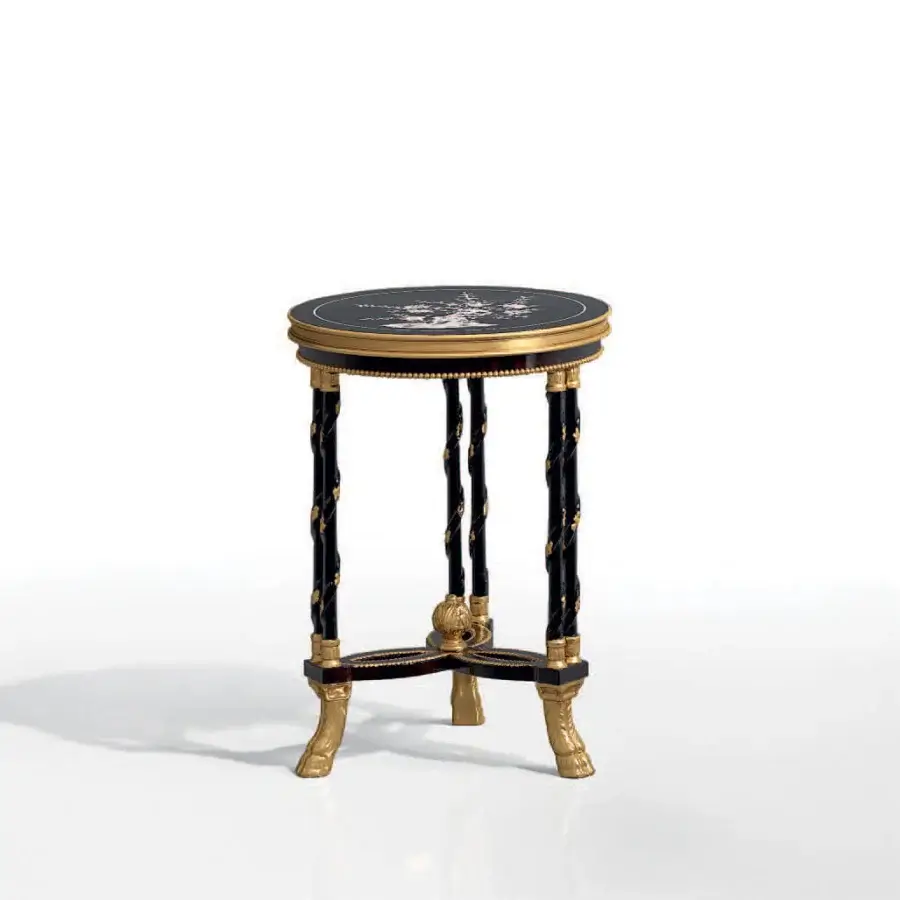 Distinguished Armando Rho A1161 side table crafted in ebony solids with luminous mother of pearl inlays and glossy finish