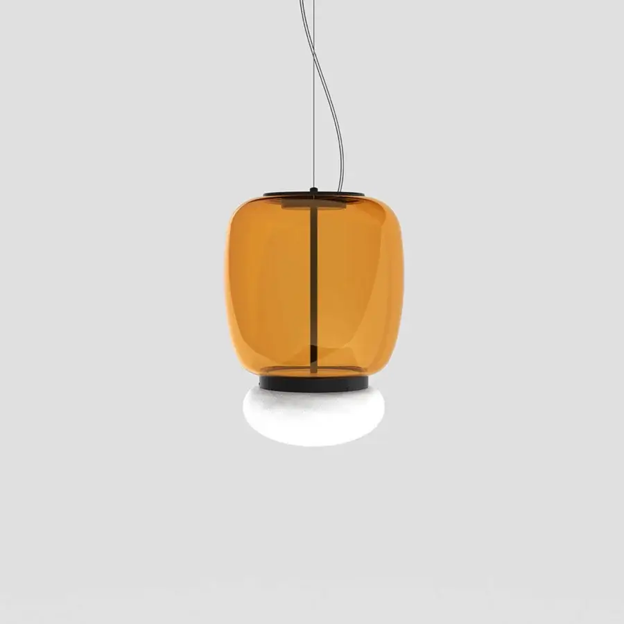 Architectural Vistosi Faro suspension lamp crafted in translucent amber glass with a glossy white element and black metal ring