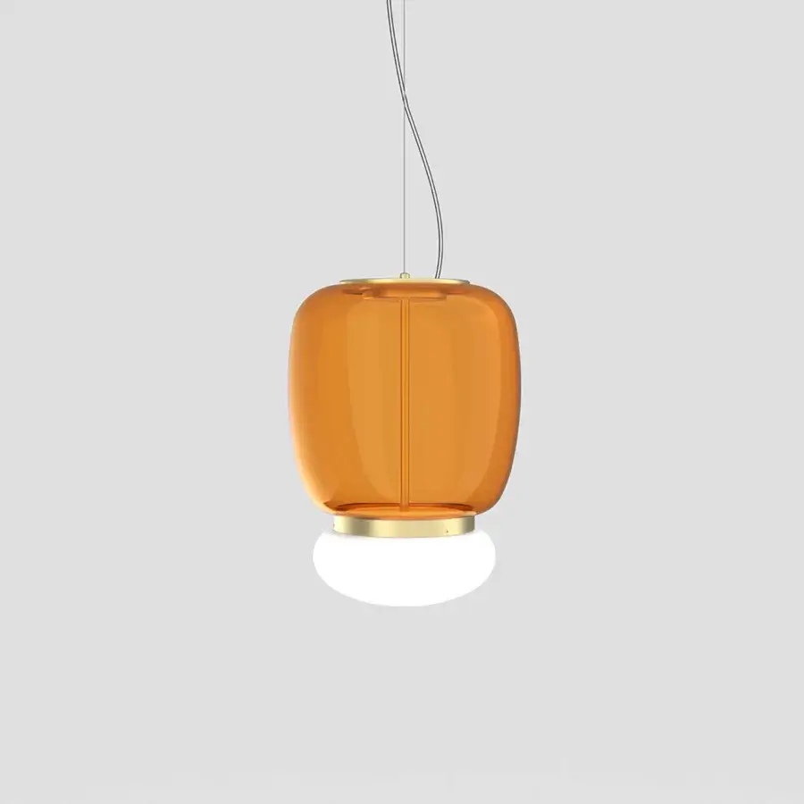 Superior Vistosi Faro suspension lamp handcrafted in translucent orange glass with glossy white and gold-toned metal band