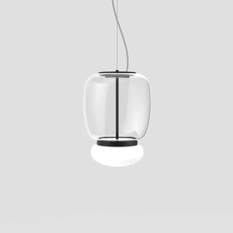 Distinguished Vistosi Faro suspension lamp handcrafted in transparent colored glass with glossy white finish and black metal ring
