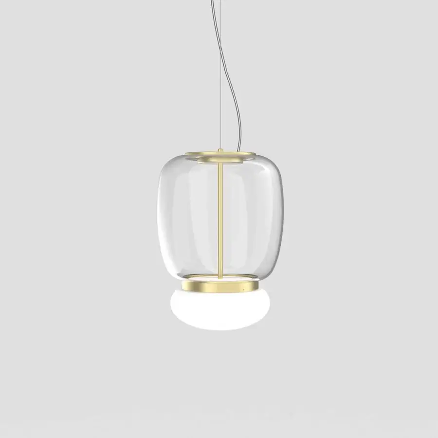 Exceptional Vistosi Faro suspension lamp crafted in glossy white hand-blown glass with golden metal framework