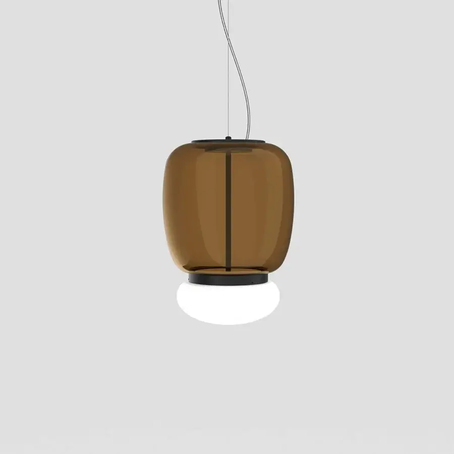 Superior Vistosi Faro suspension lamp crafted in translucent amber hand-blown glass with glossy white diffuser and central metal ring