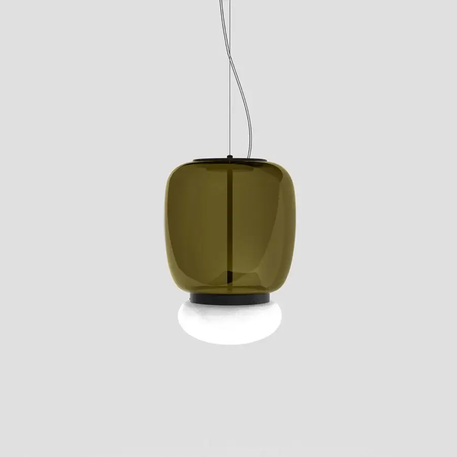 Distinguished Vistosi Faro suspension lamp crafted in translucent olive-green glass and glossy white glass with a central metal ring