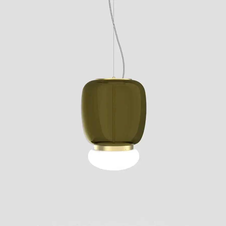 Exceptional Vistosi Faro suspension lamp crafted in translucent dark olive-green glass and glossy white with a satin golden-toned metal ring