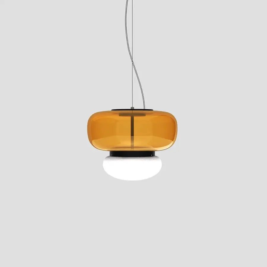 Superior Vistosi Faro suspension lamp crafted in translucent amber glass with a glossy white central metal ring