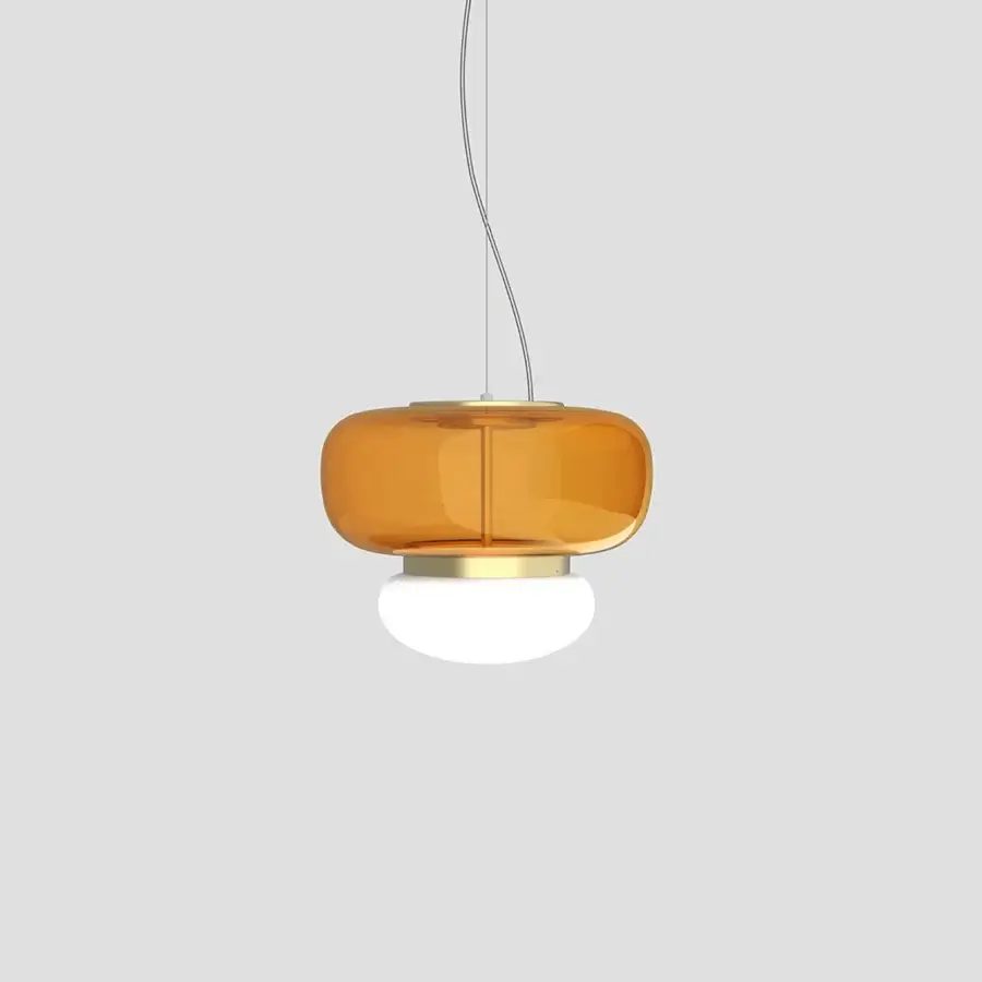 Elegant Vistosi Faro suspension lamp crafted in translucent amber glass with a glossy white diffuser and polished metal ring