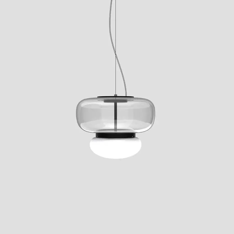 Distinguished Vistosi Faro suspension lamp crafted in translucent smoky grey glass with a glossy white diffuser and central metal ring