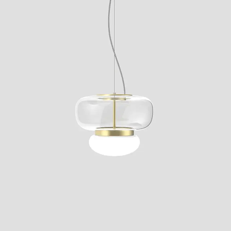 Exclusive Vistosi Faro suspension lamp crafted in clear hand-blown glass with a glossy white sphere and satin gold-toned metal component