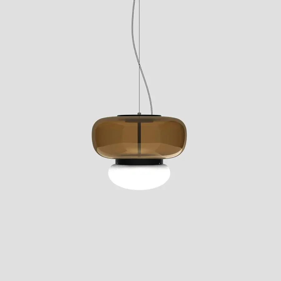 Elegant Vistosi Faro suspension lamp crafted in translucent amber glass with a glossy white shade