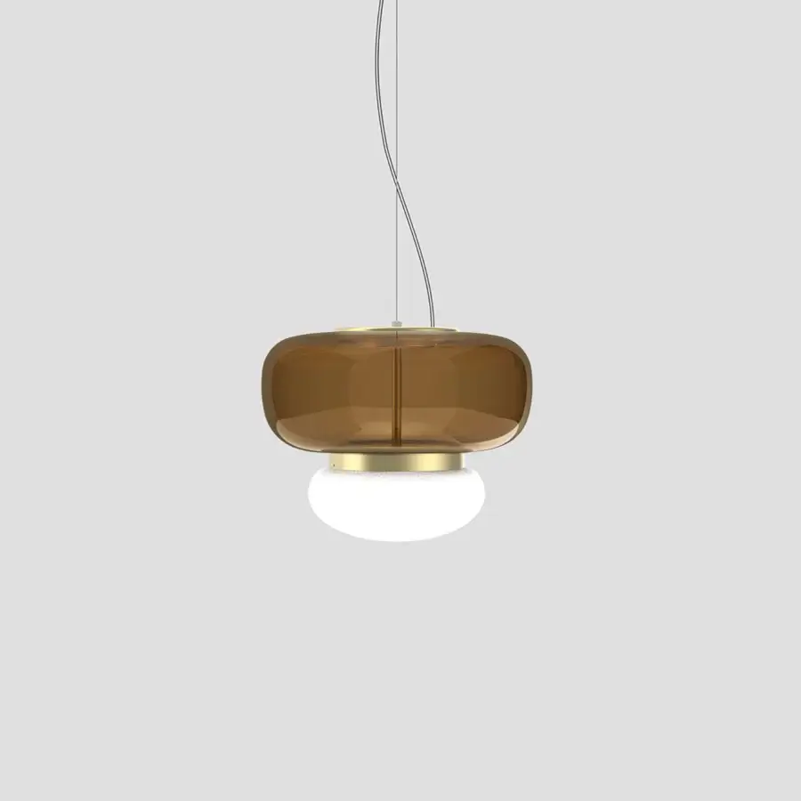 Superior Vistosi Faro suspension lamp crafted in translucent amber hand-blown glass with a glossy white diffuser and polished gold-toned metal ring