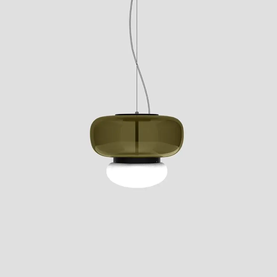 Distinguished Vistosi Faro suspension lamp crafted in translucent olive-green hand-blown glass with a glossy white opaque globe and metal ring