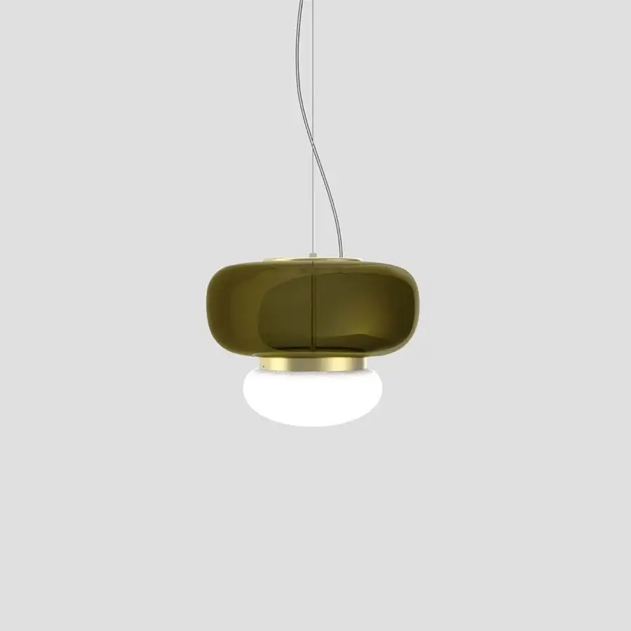 Exclusive Vistosi Faro suspension lamp crafted in dark olive-green translucent hand-blown glass with glossy white diffuser and polished metal ring