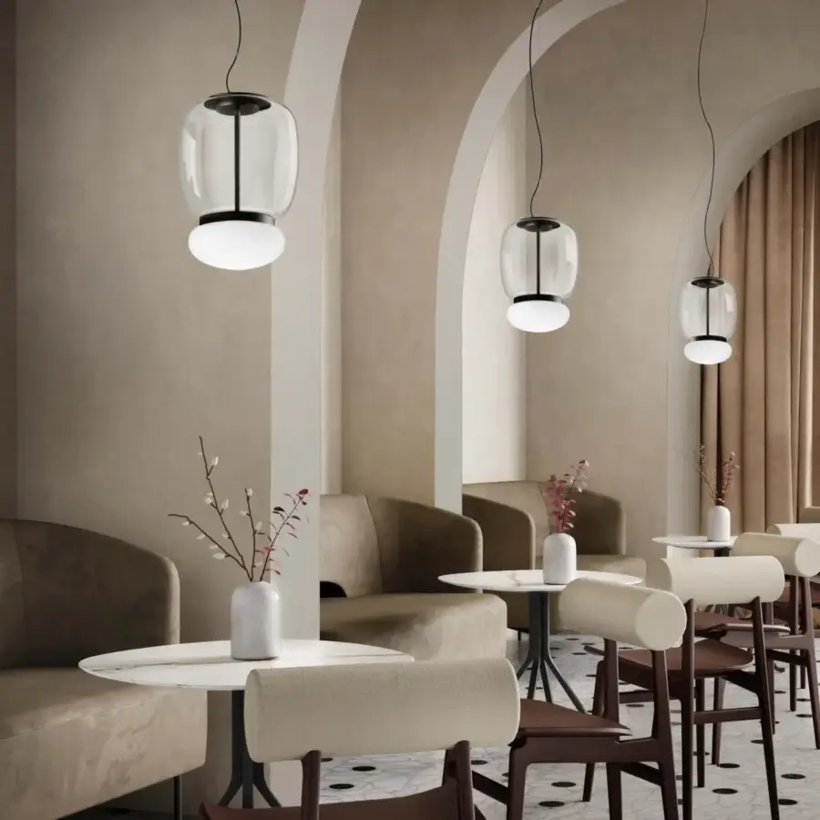 Superior Vistosi Faro suspension lamp crafted in tinted transparency hand-blown glass with glossy white metal ring