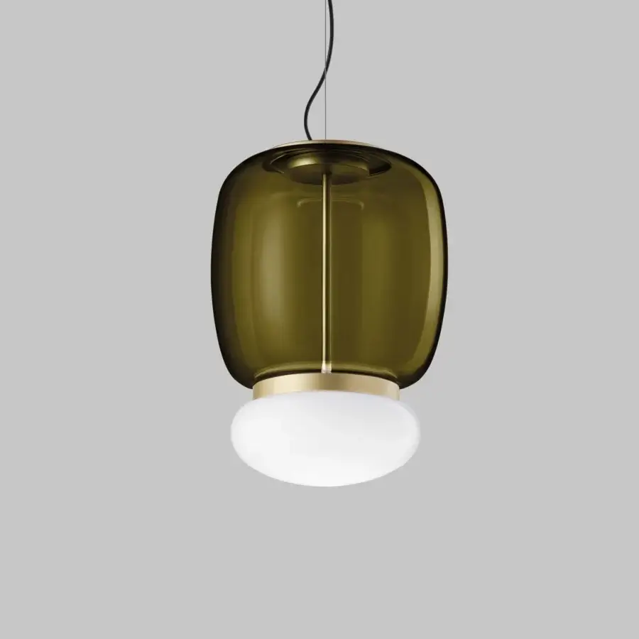 Distinguished Vistosi Faro suspension lamp crafted in dark olive-green translucent hand-blown glass with glossy white and radiant gold-toned metal