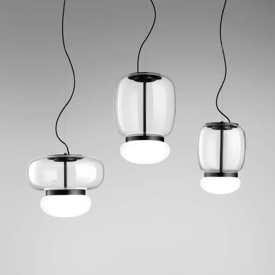 Exceptional Vistosi Faro suspension lamp crafted in clear hand-blown glass with a glossy white diffuser and matte black metal fixture