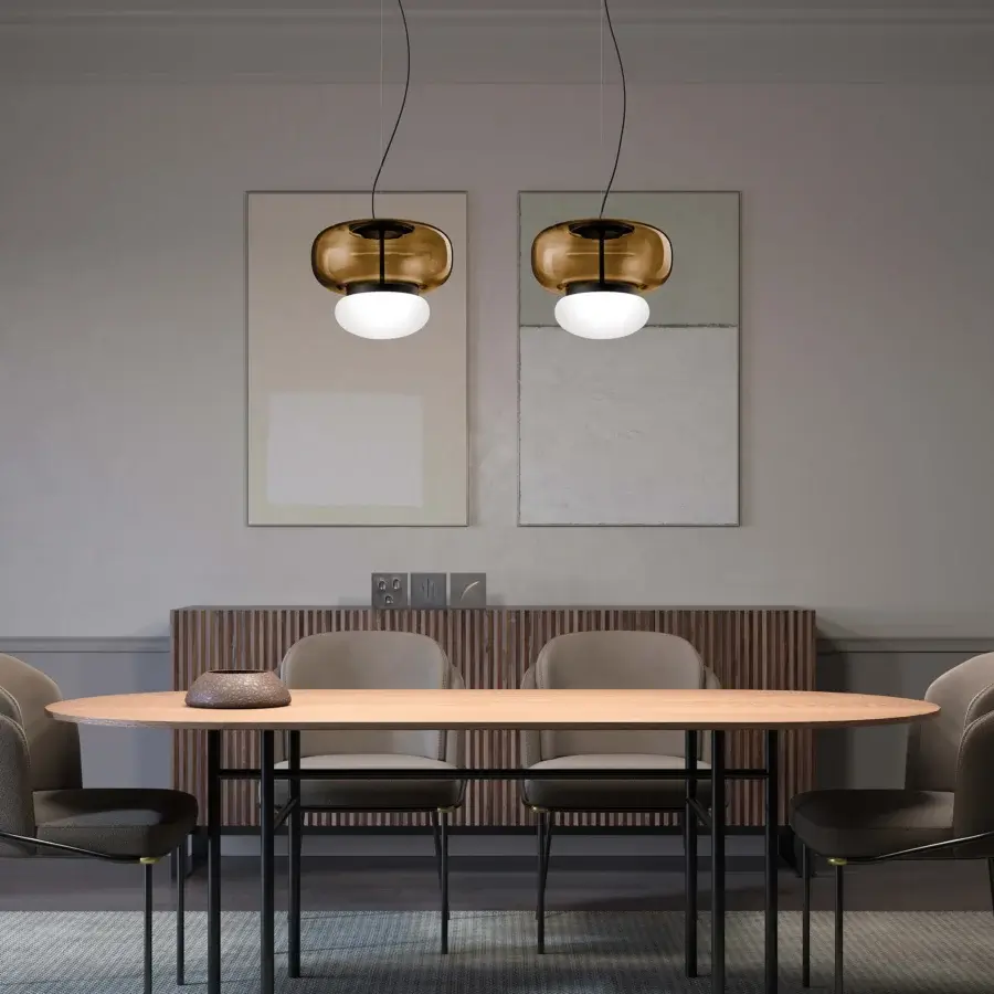 Superior Vistosi Faro suspension lamp crafted in golden-brown metal with smooth white glass and satin finish