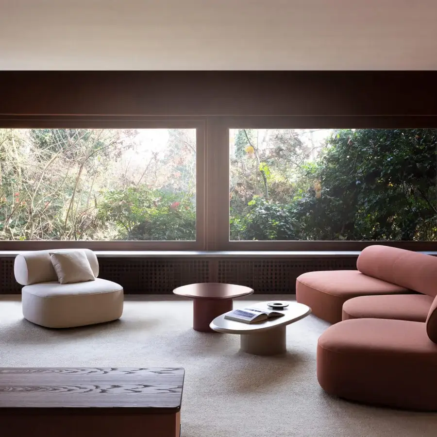 Distinguished Carpanese Home Slow P lounge chair upholstered in plush rose textile with matte finish