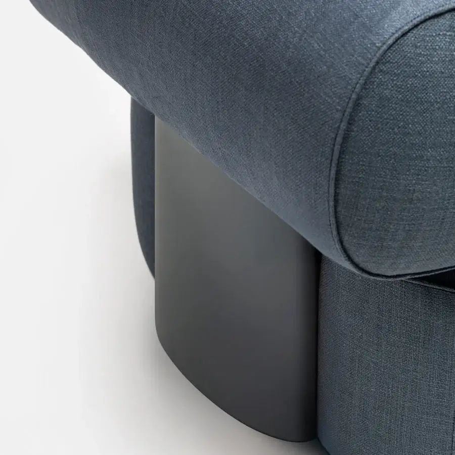 Superior Carpanese Home Slow P lounge chair with textured blue-gray textile and lacquered wooden support structure