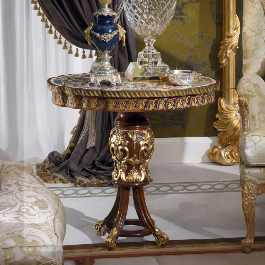 Superior Armando Rho A1179 side table handcrafted in mahogany solids with luminous white tabletop and multicolor floral inlays, polished finish