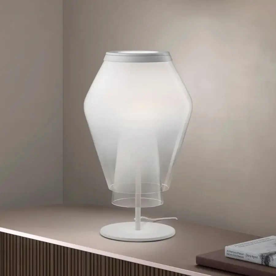 Distinguished Vistosi Anisette table lamp crafted in translucent milky glass with a smooth satin finish