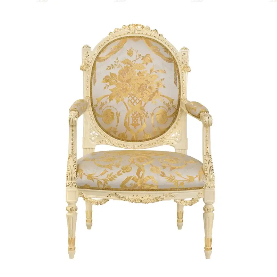 Exquisite Modenese Golden Radiance lounge chair with ivory wood frame and gold-leaf embellishments in a floral motif upholstery