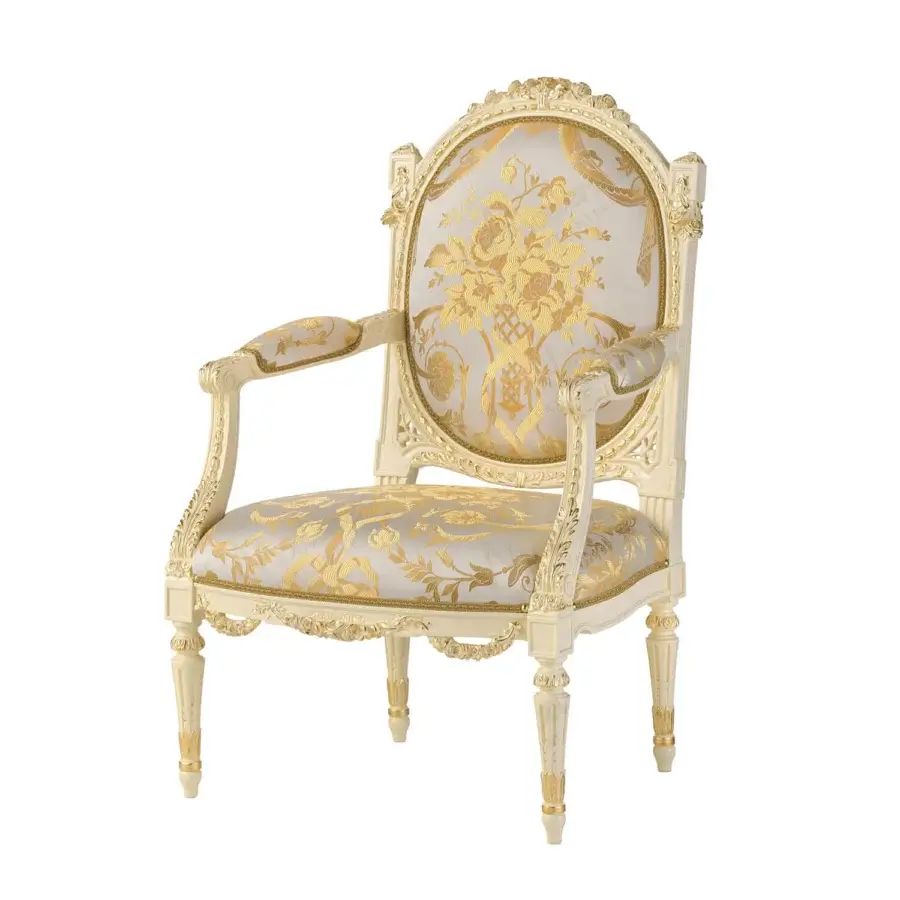 Superior Modenese Golden Radiance lounge chair with ivory wood frame and gold-leaf embellishments displaying a cream floral upholstery