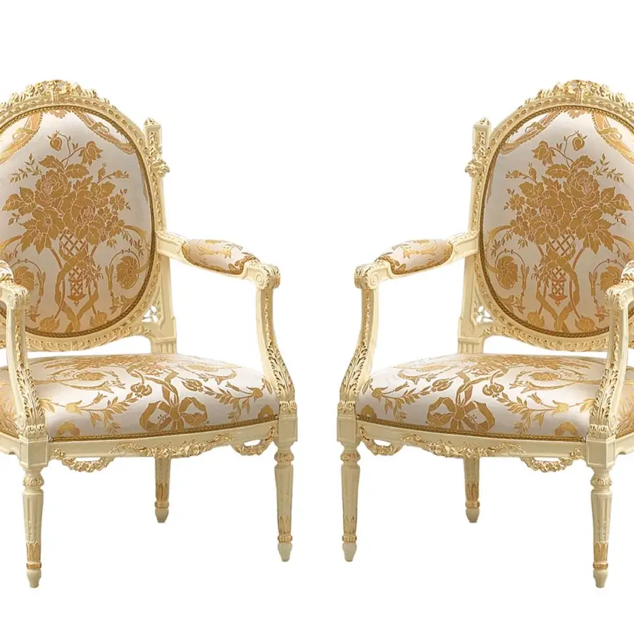 Lavish Modenese Golden Radiance lounge chair crafted with ivory wood, gold-leaf embellishments and floral upholstery