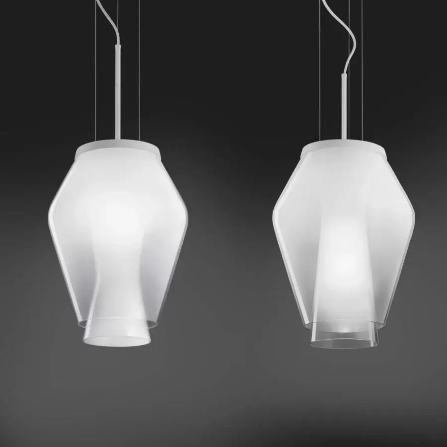 Distinguished Vistosi Anisette suspension lamp with superimposed shaded white crystal diffusers and smooth frosted finish