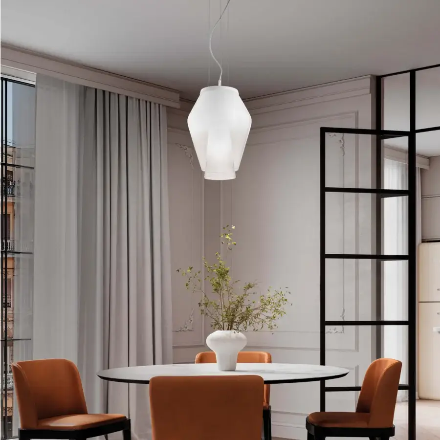 Exceptional Vistosi Anisette suspension lamp crafted in Italy with superimposed shaded white crystal diffusers creating a soft glow