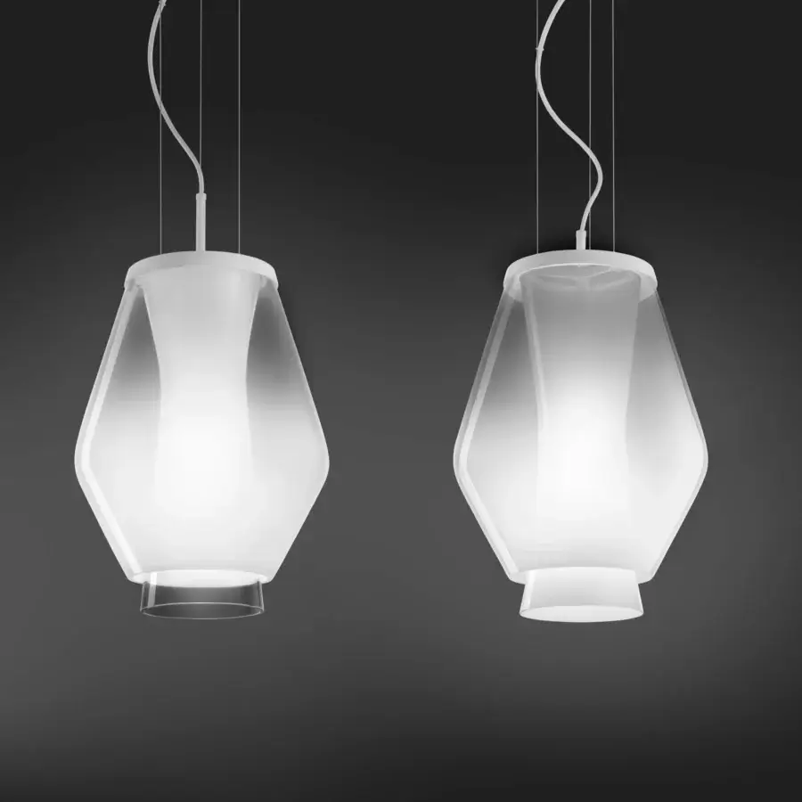 Superior Vistosi Anisette suspension lamp crafted in Italy with superimposed shaded white crystal diffusers and matte white finish