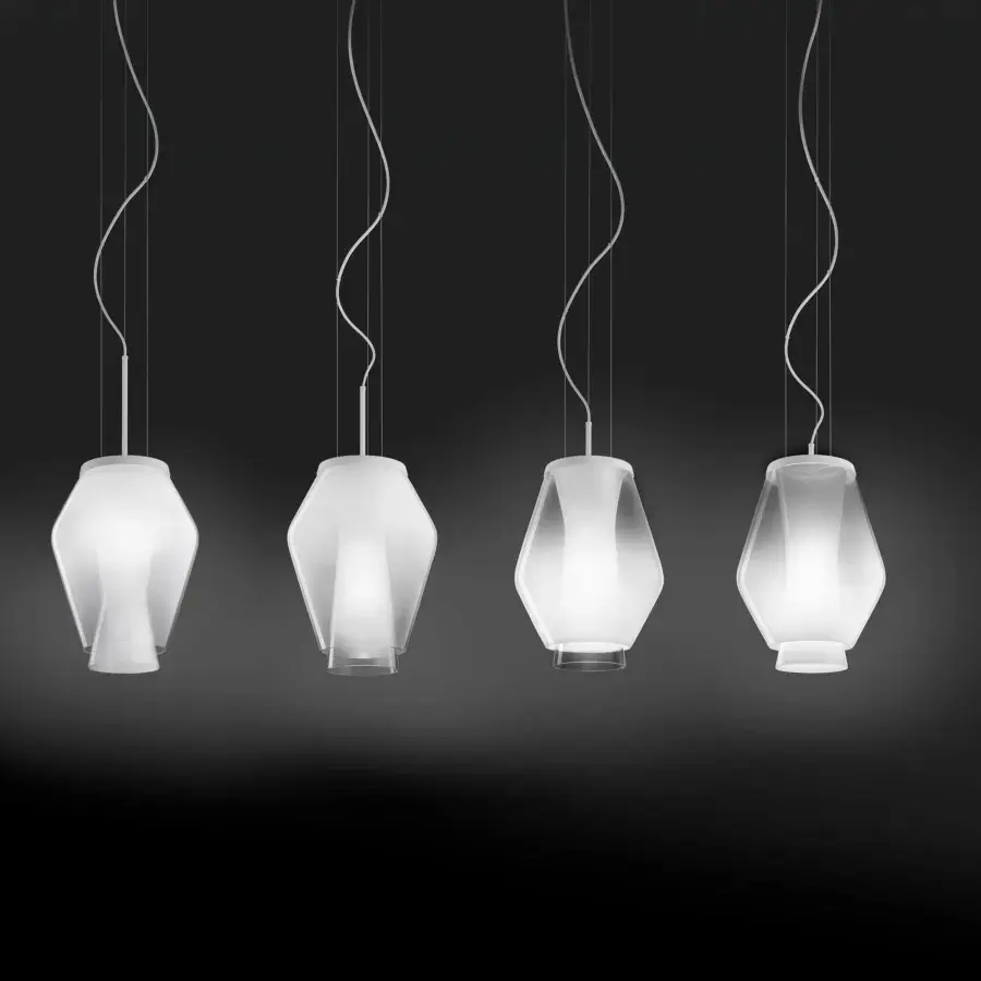 Distinguished Vistosi Anisette suspension lamp crafted in Italy with shaded white crystal and matte finish