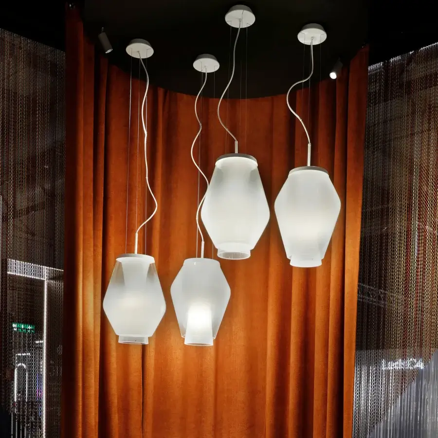 Exceptional Vistosi Anisette suspension lamp crafted in Italy with superimposed shaded white crystal diffusers and smooth finish