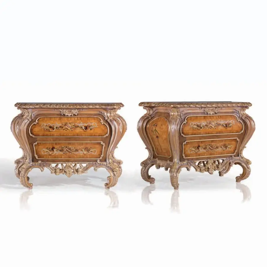 Distinguished Armando Rho A1219 nightstand crafted in yew wood, olive wood, and walnut Persian burl with a warm golden-brown glossy finish