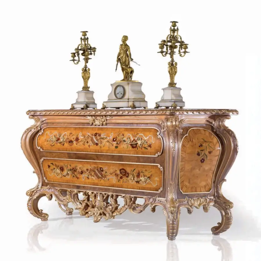 Superior Armando Rho A1220 dresser crafted in yew wood, olive wood, and walnut Persian burl with glossy finish