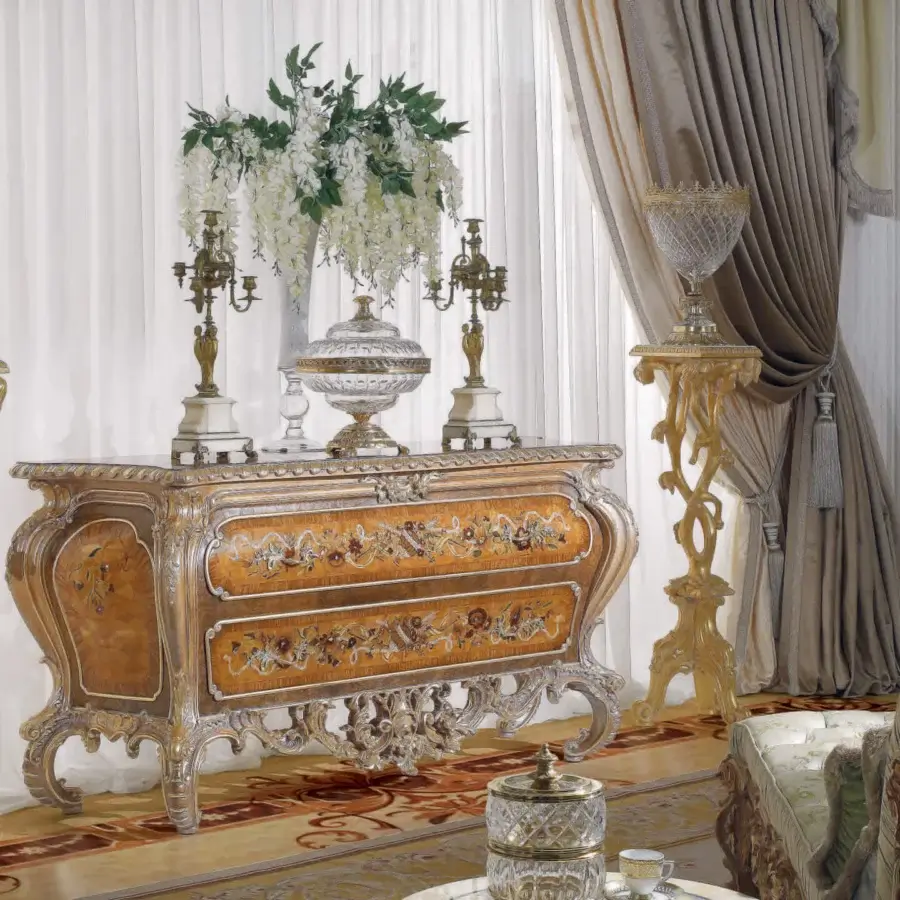 Lavish Armando Rho A1220 dresser handcrafted in yew wood, olive wood, and walnut Persian burl with glossy finish