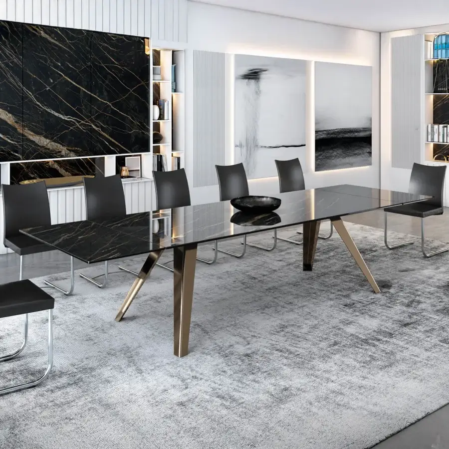 Distinguished Naos Equus extendable table with expansive glass tabletop and polished chrome metal base