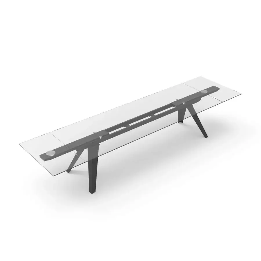 Exceptional Naos Equus extendable table with a glass tabletop and sculptural dark matte metal base crafted in Italy