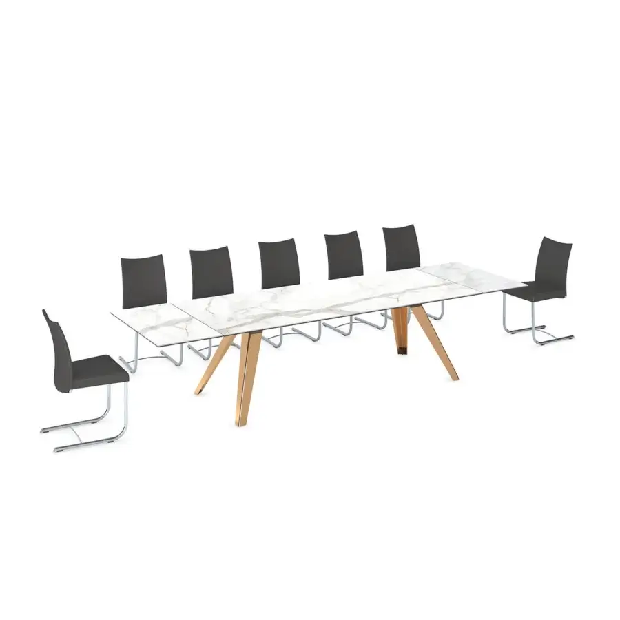 Superior Naos Equus extendable table with white stone ceramic tabletop and sculptural chrome-plated metal legs in a glossy finish