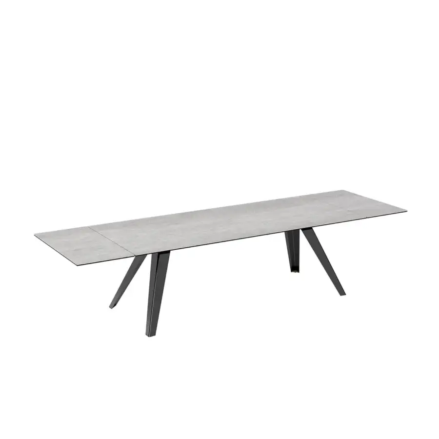 Elegant Naos Equus extendable table with light gray stone tabletop and dark matte sculptural metal legs crafted in Italy