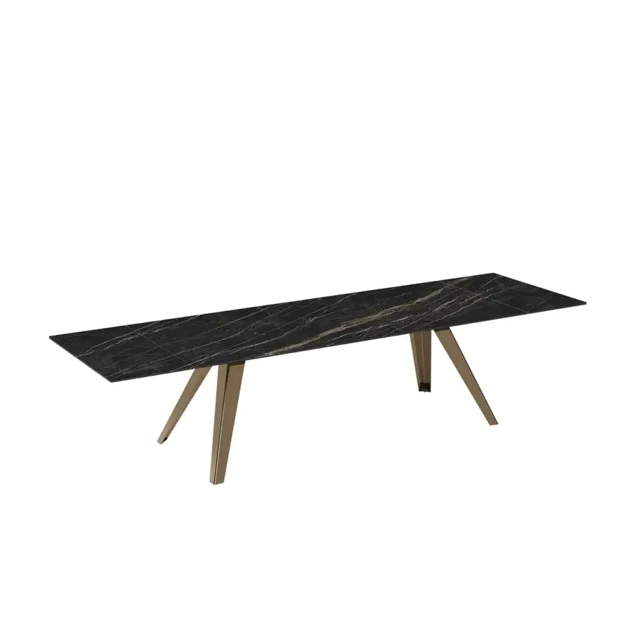 Distinguished Giants Naos Equus extendable table with polished stone, gold veining and gold-plated sculptural metal legs crafted in Italy