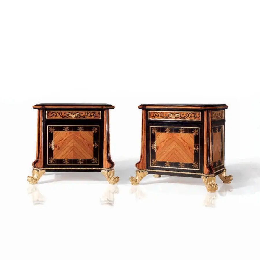 Distinguished Armando Rho A1216 nightstand crafted in bois de rose and ebony with glossy finish and gold detailing